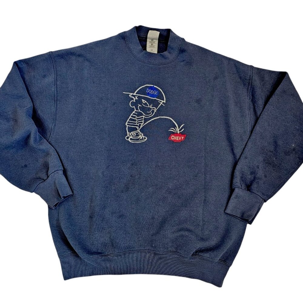 Vintage Dodge Anti-Chevy Calvin Sweatshirt Blue Oil Stains Sz L XL 90s Embroider
